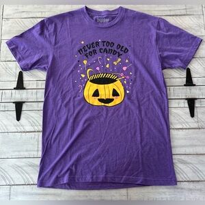 LuLaRoe Rocker T Halloween NEVER TO OLD FOR CANDY Medium Pumpkin Halloween Tee